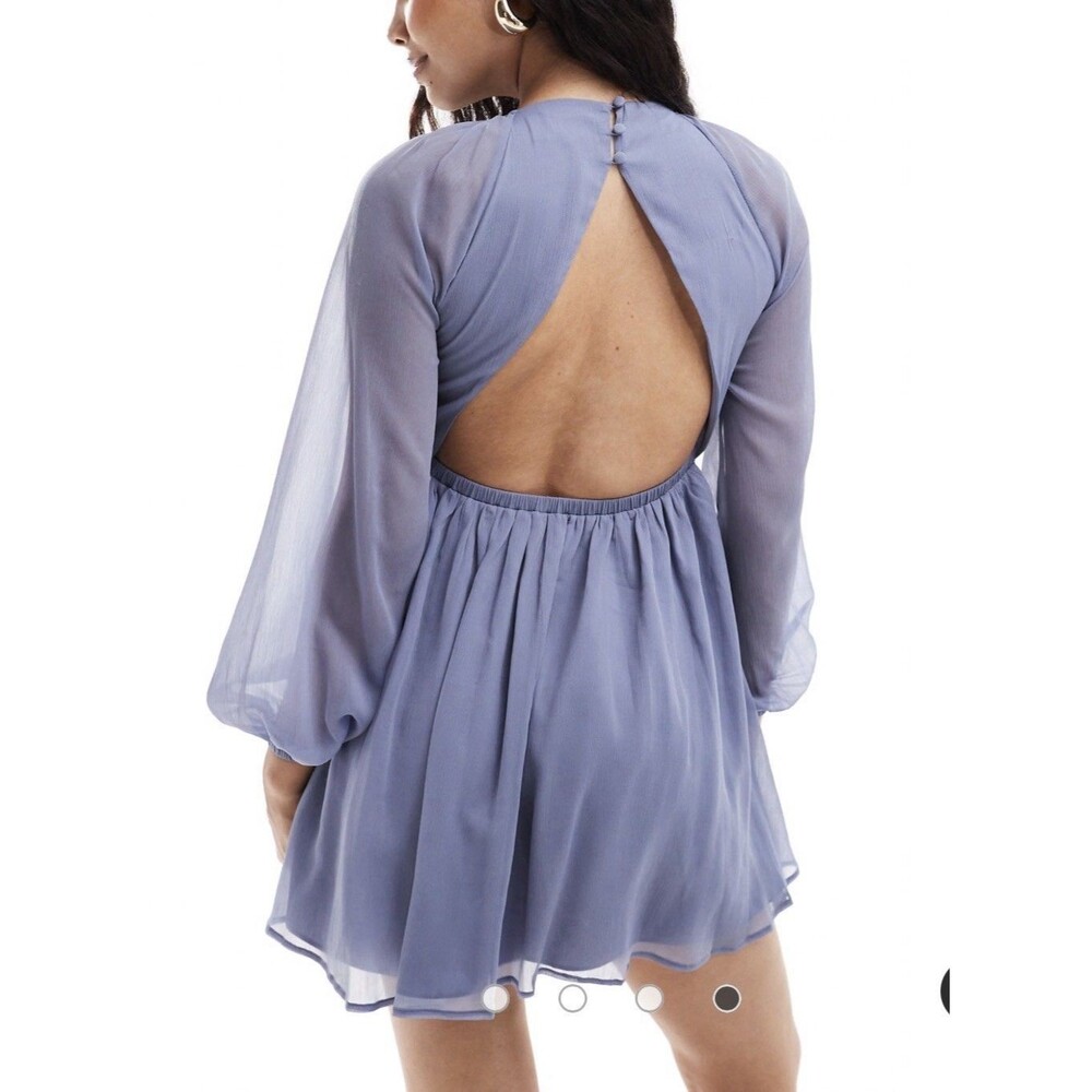 Asos Design Mini Dress Size US 12 EU 44 Lilac Sheer Puff Sleeve Open Back New - Picture 2 of 13